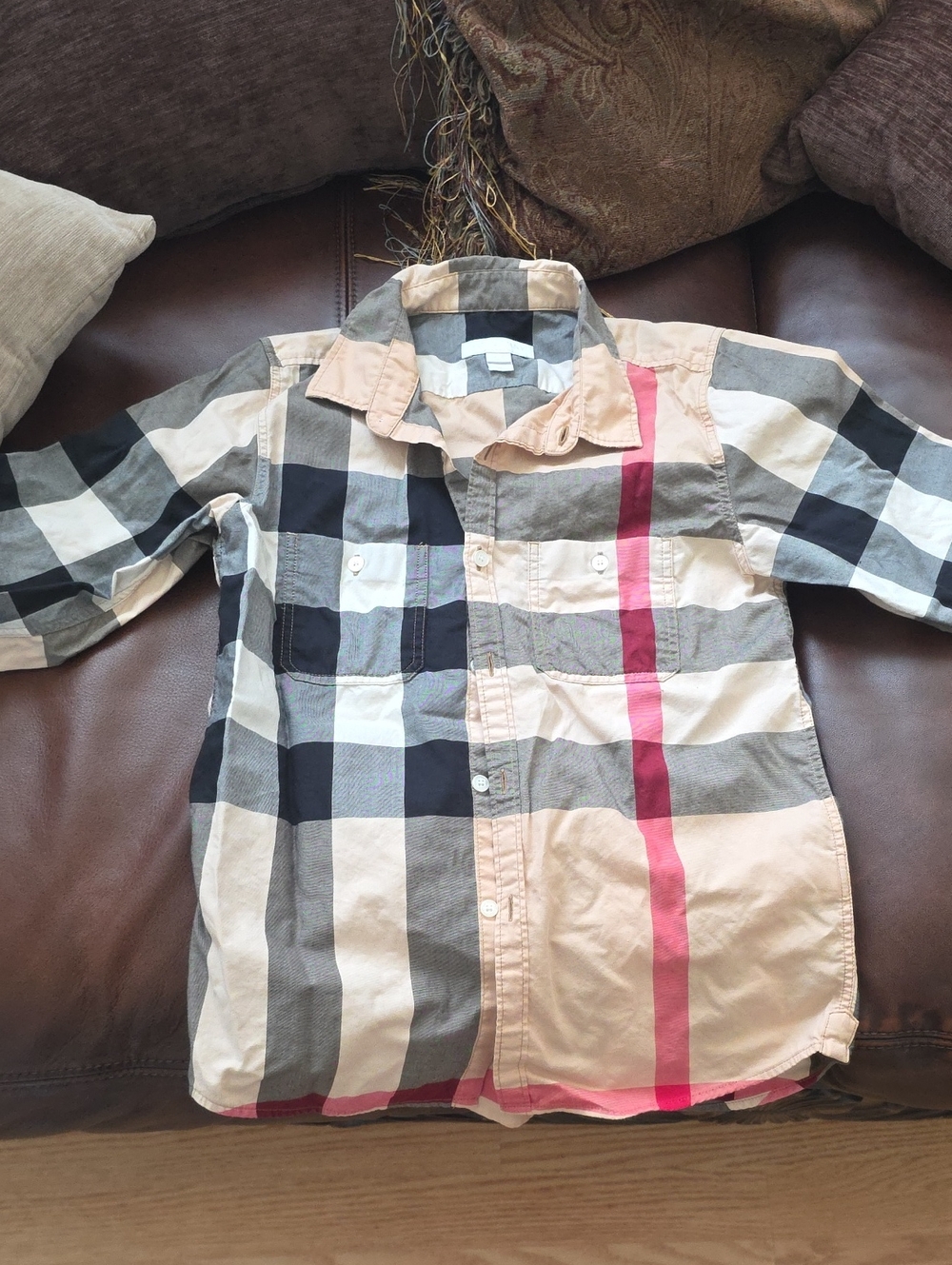 Burberry Kids Plaid Button-Down Shirt in Beige, Black & Pink